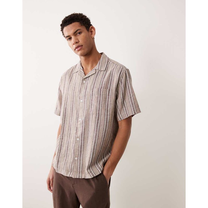 ASOS DESIGN relaxed linen blend stripe shirt in brown