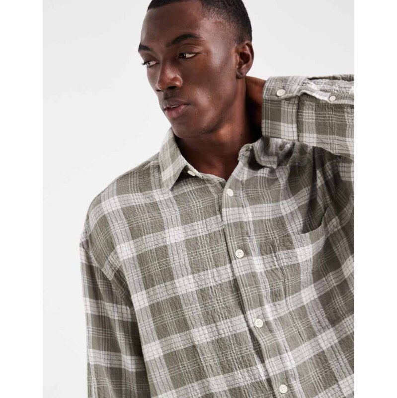 ASOS DESIGN boxy oversized textured check shirt in sage green
