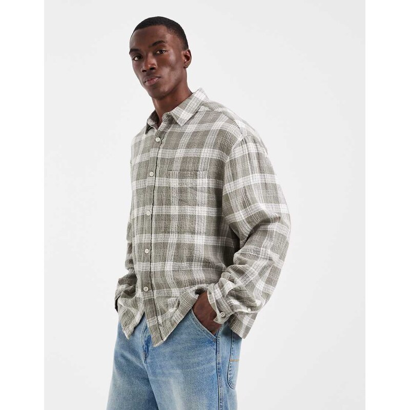 ASOS DESIGN boxy oversized textured check shirt in sage green