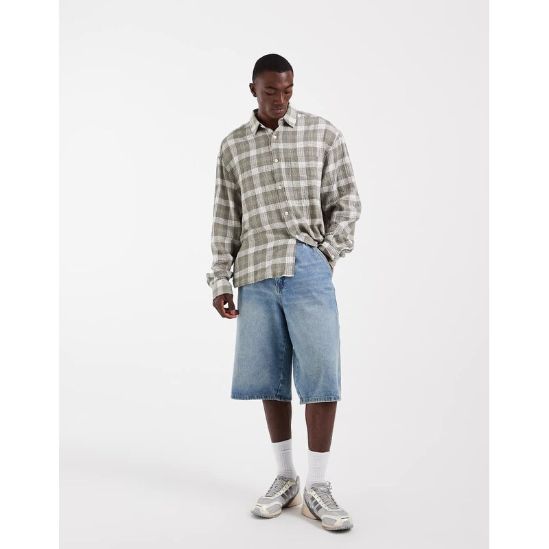 ASOS DESIGN boxy oversized textured check shirt in sage green