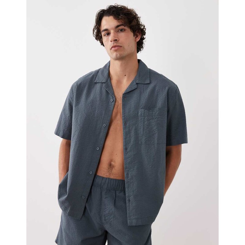 ASOS DESIGN co-ord relaxed revere seersucker shirt in navy