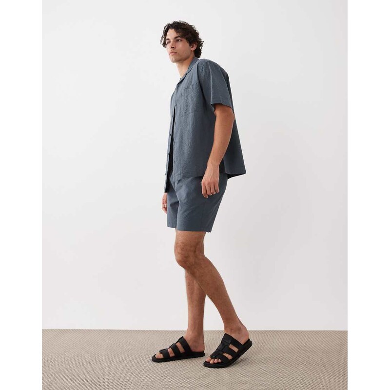 ASOS DESIGN co-ord relaxed revere seersucker shirt in navy
