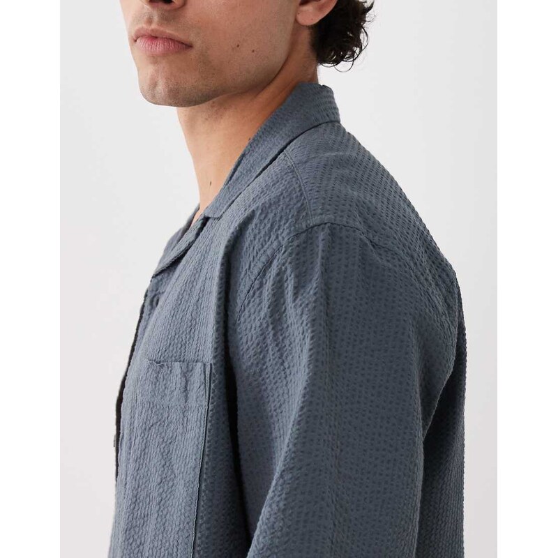 ASOS DESIGN co-ord relaxed revere seersucker shirt in navy