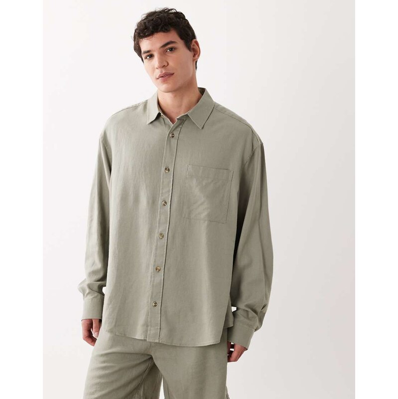 ASOS DESIGN co-ord oversized linen blend shirt in khaki-Green