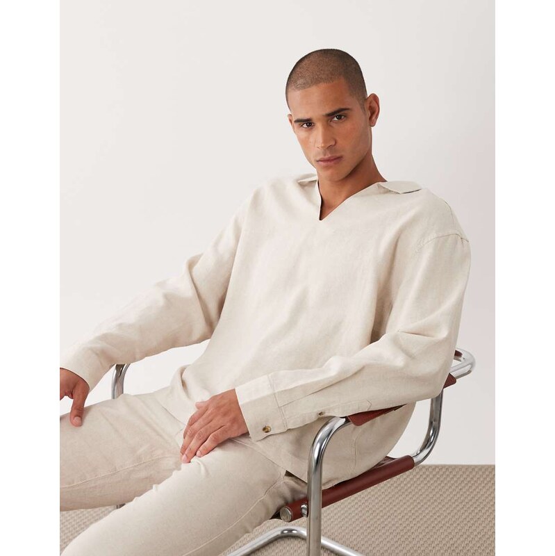 ASOS DESIGN co-ord oversized overhead linen blend shirt in beige