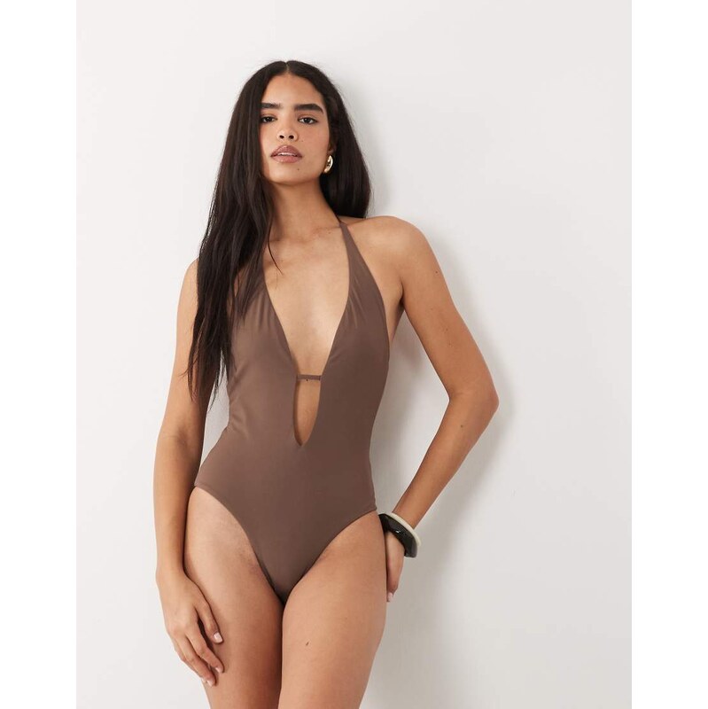 TALA halter tie back swimsuit in cortado brown - Exclusive to ASOS 115499313