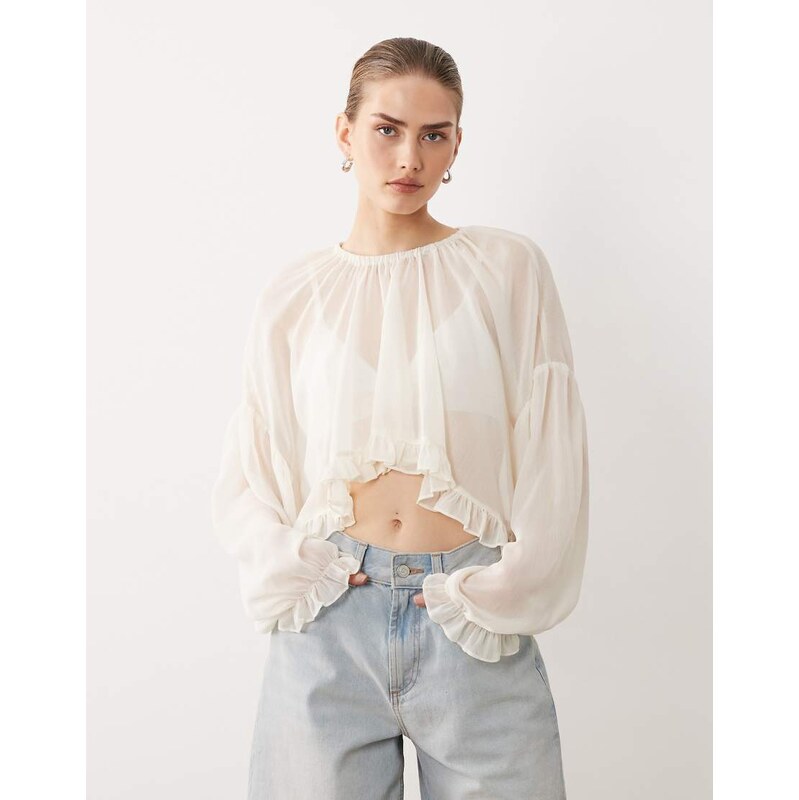 SNDYS chiffon curved ruffle hem top in off white 115499471