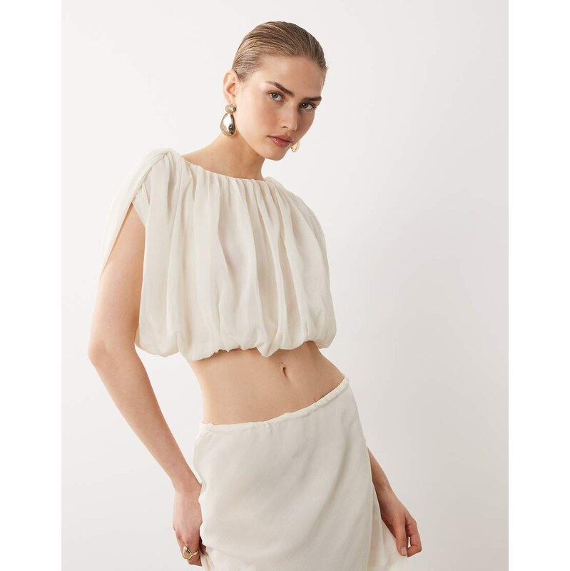 SNDYS chiffon heavy drape detail cropped top co-ord in off white 115499480