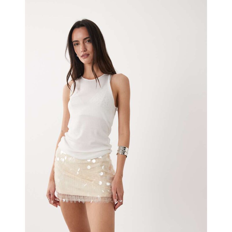 SNDYS disc sequin mini skirt in cream-Neutral 115499472