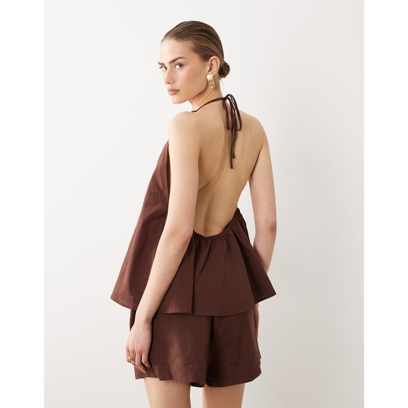 SNDYS linen blend halterneck low back top co-ord in chocolate-Brown 115499485