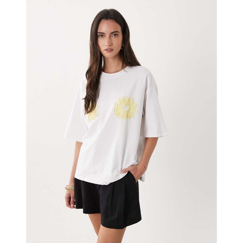 SNDYS yellow floral embroidered oversized t-shirt in white