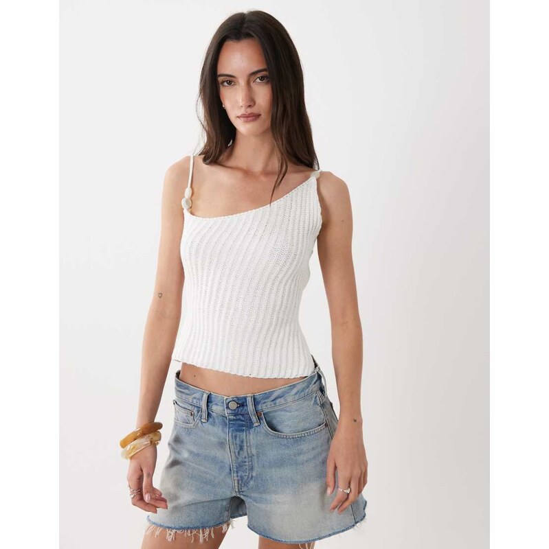 SNDYS knitted cotton blend bead detail open tie back top in white 115499486