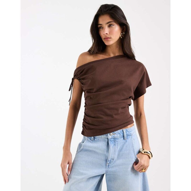 ASOS DESIGN ruched sleeve fallen shoulder waisted tee in