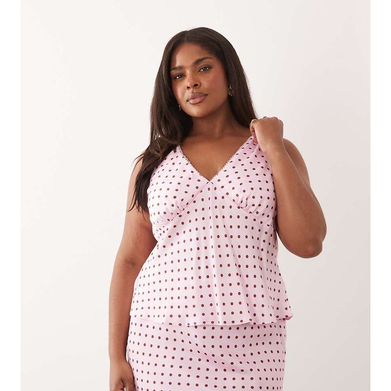 Nobodys Child Plus v-neck sleeveless top co-ord in pink polka