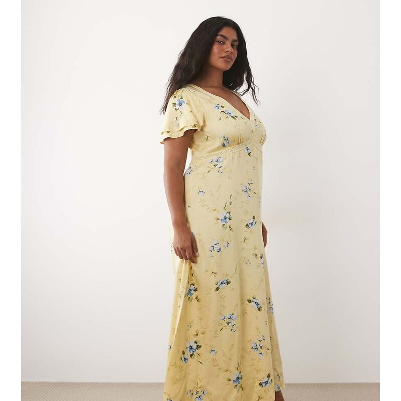 Nobodys Child Plus v-neck maxi dress with lace detail in yellow
