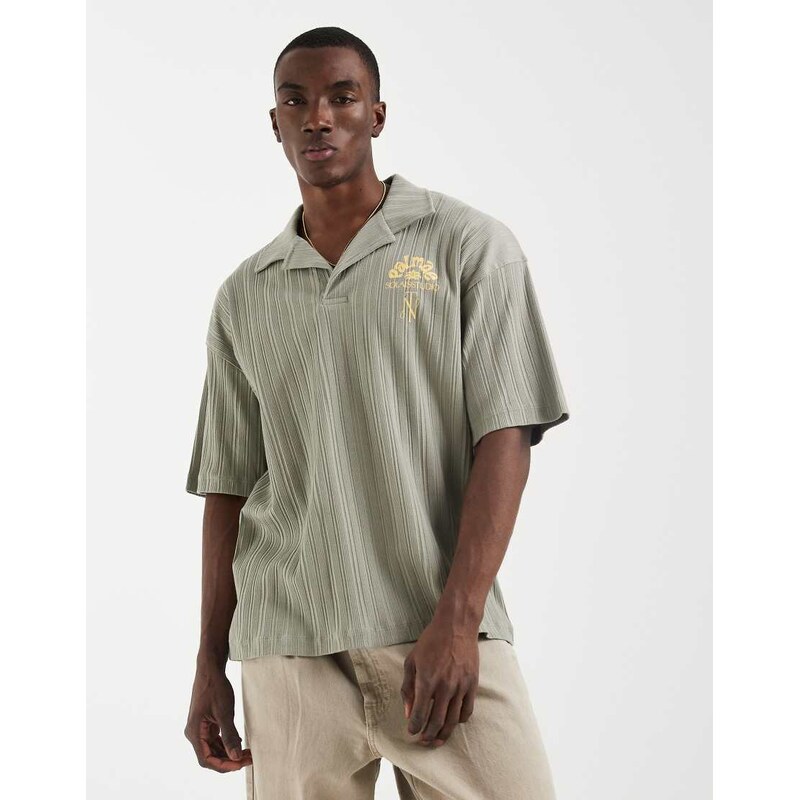 ASOS DESIGN super heavyweight oversized polo with chest floral graohic in sage green rib fabric