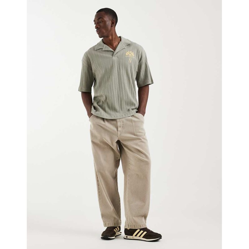 ASOS DESIGN super heavyweight oversized polo with chest floral graohic in sage green rib fabric