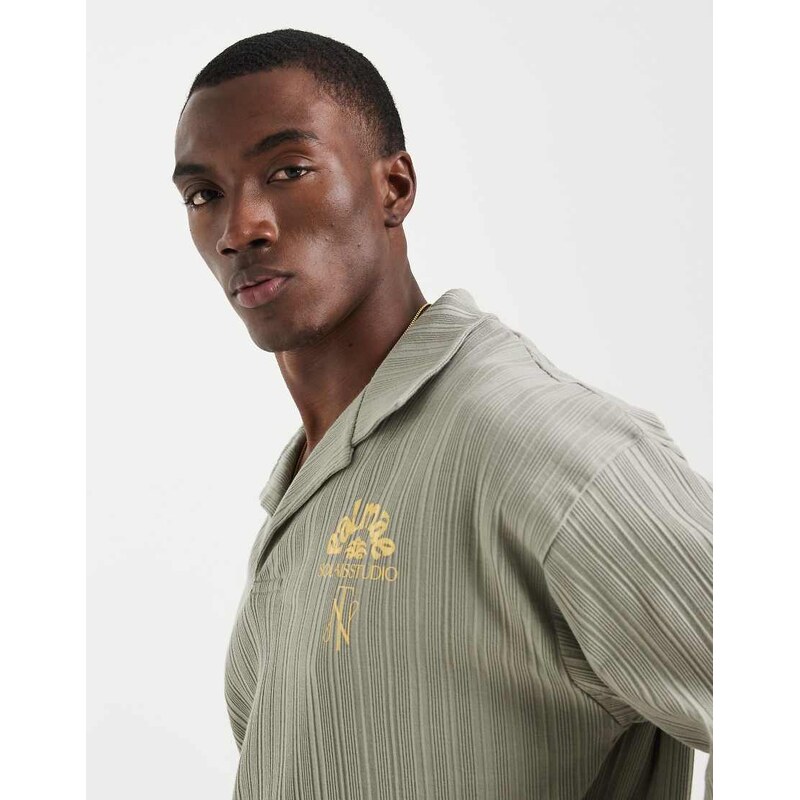 ASOS DESIGN super heavyweight oversized polo with chest floral graohic in sage green rib fabric