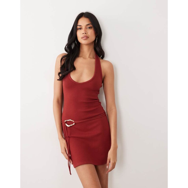 ASOS DESIGN trim halter mini dress in rust-Brown