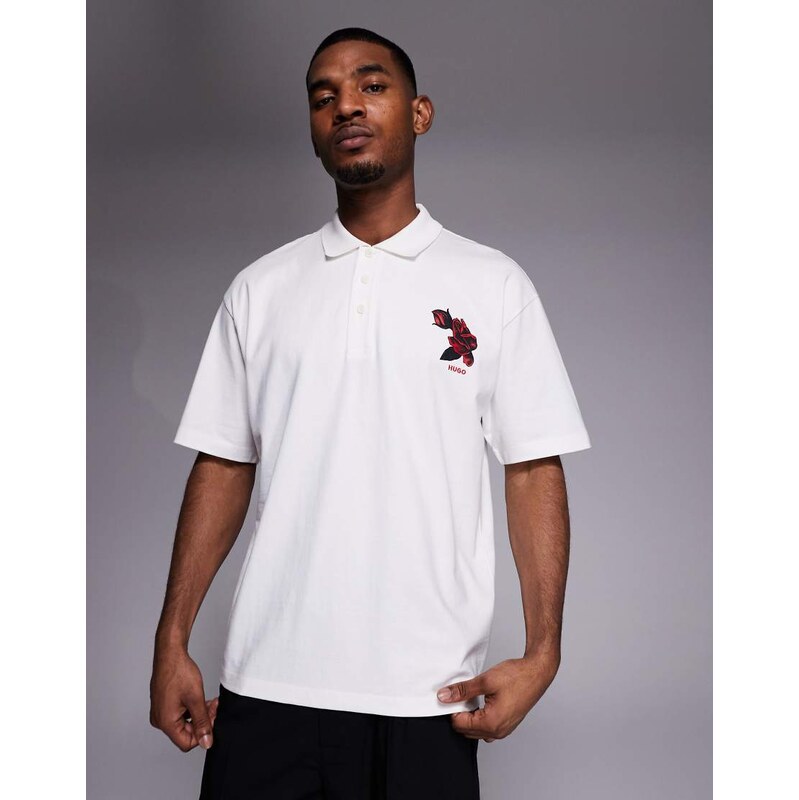 HUGO Red oversized printed logo polo shirt in white