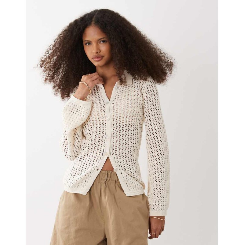 Brave Soul long sleeve crochet knit cardigan in cream-White