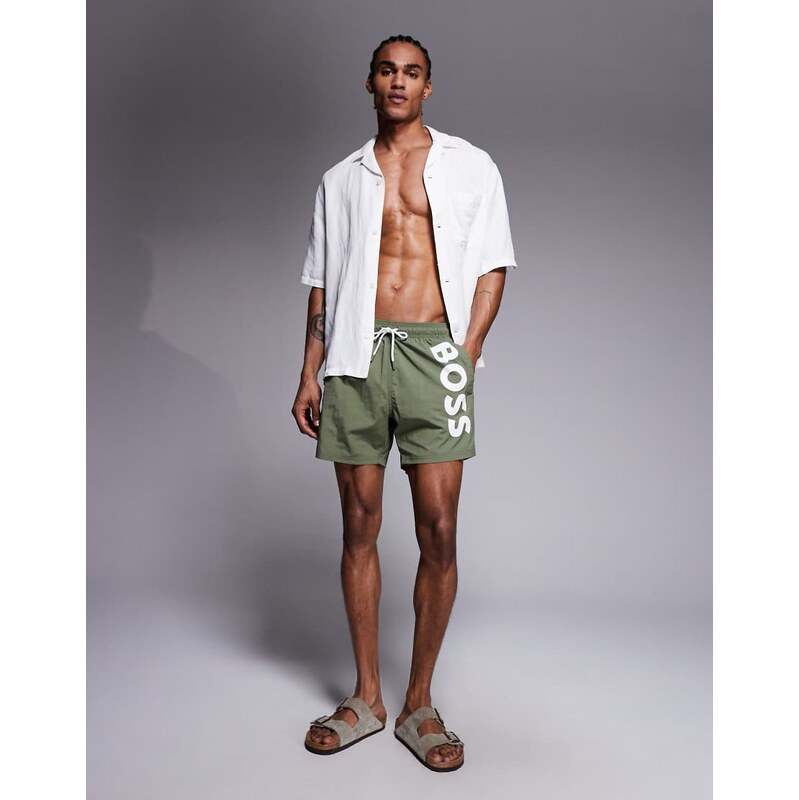 BOSS Bodywear Boss Octopus logo swim shorts in khaki-Green