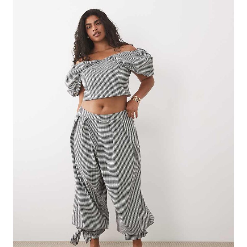 ASOS LUXE curve co-ord gingham balloon trouser with tie cuff-Multi 115500312