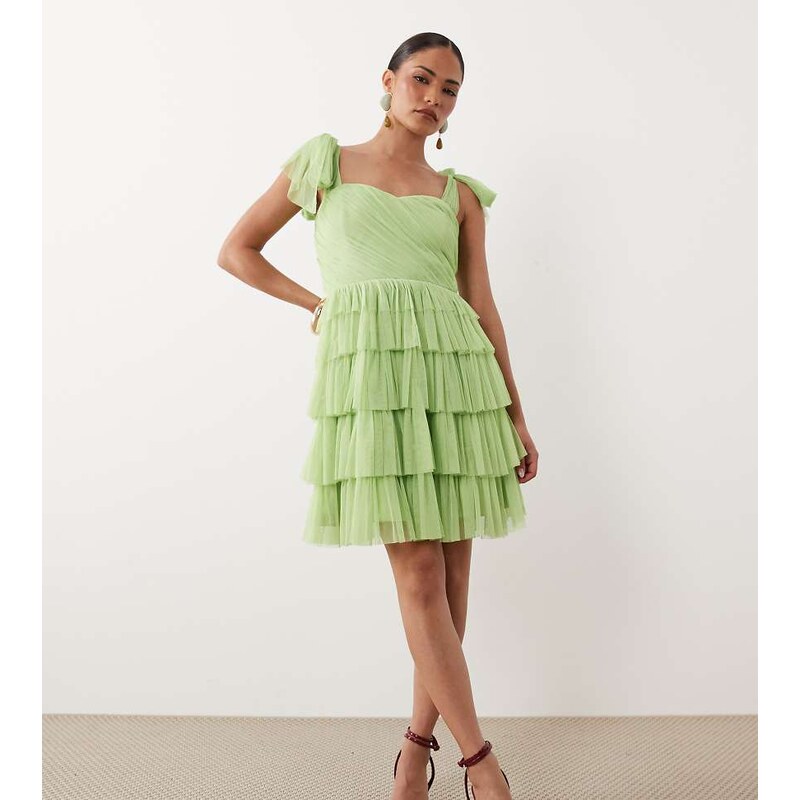 Lace & Beads Petite Ophelia tie sleeve ruched tiered mini dress