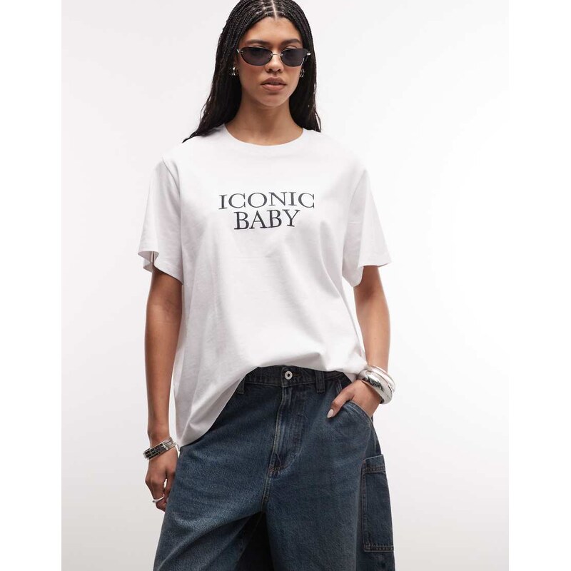 ASOS DESIGN longline oversized t-shirt with iconic slogan in white