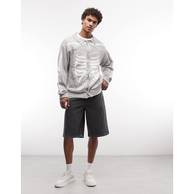 XLARGE scanner knitted button up cardigan in grey-Green