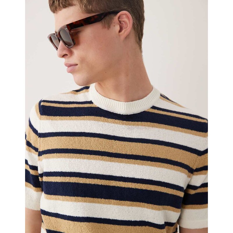 ASOS DESIGN short sleeve knitted boucle t-shirt in navy and ecru stripe-Multi