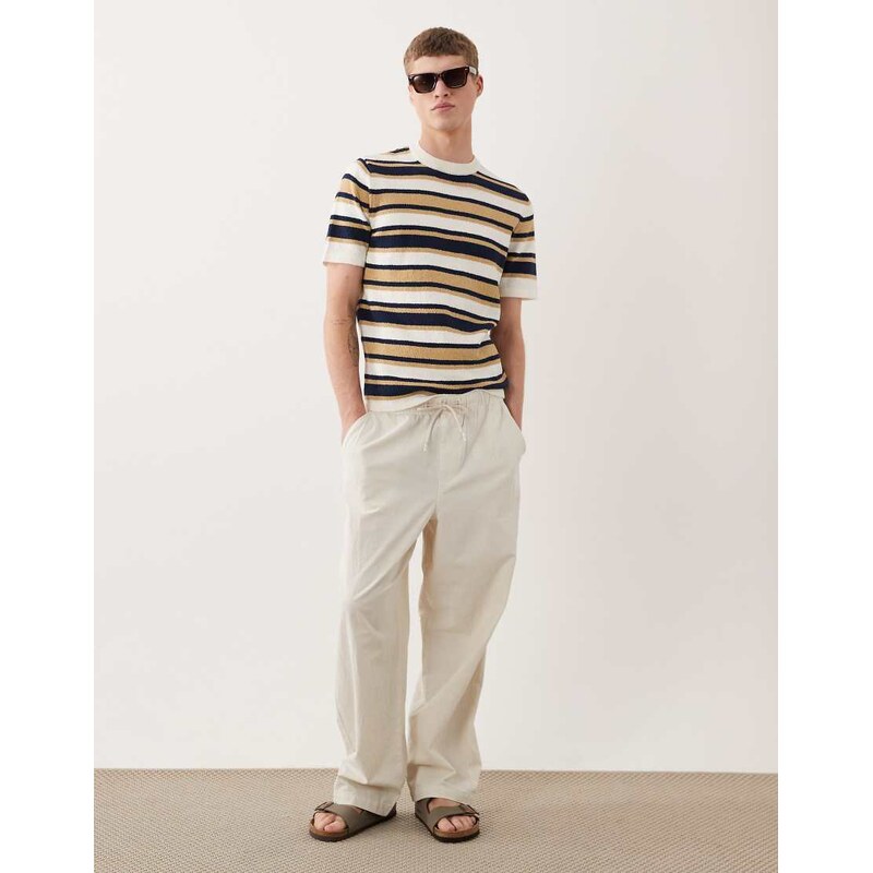 ASOS DESIGN short sleeve knitted boucle t-shirt in navy and ecru stripe-Multi