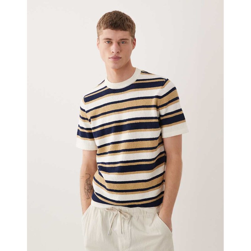 ASOS DESIGN short sleeve knitted boucle t-shirt in navy and ecru stripe-Multi