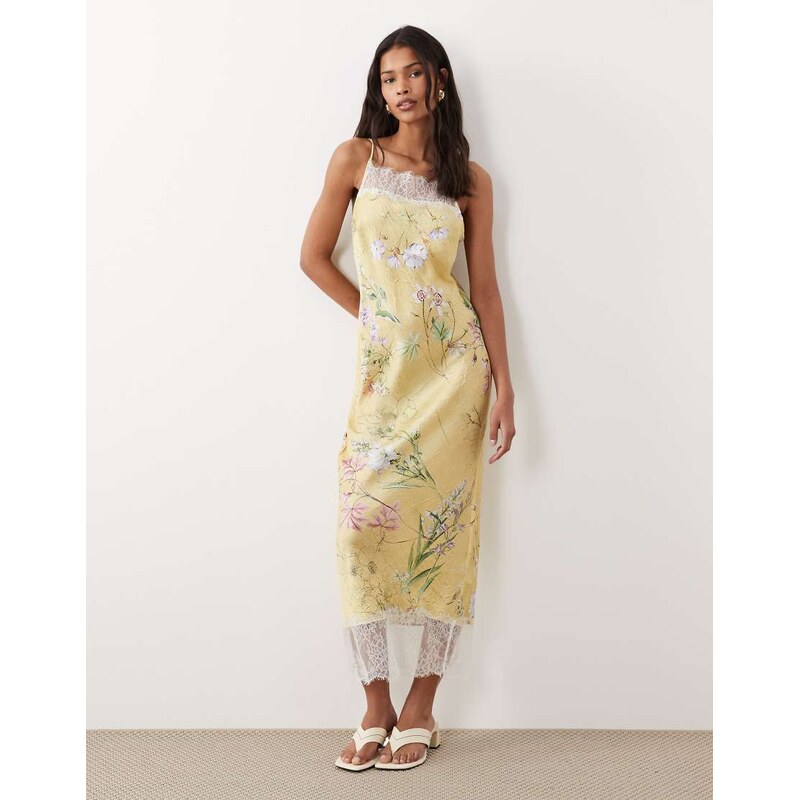 ASOS DESIGN satin high neck cami midi dress with lace trims in yellow floral print-Multi
