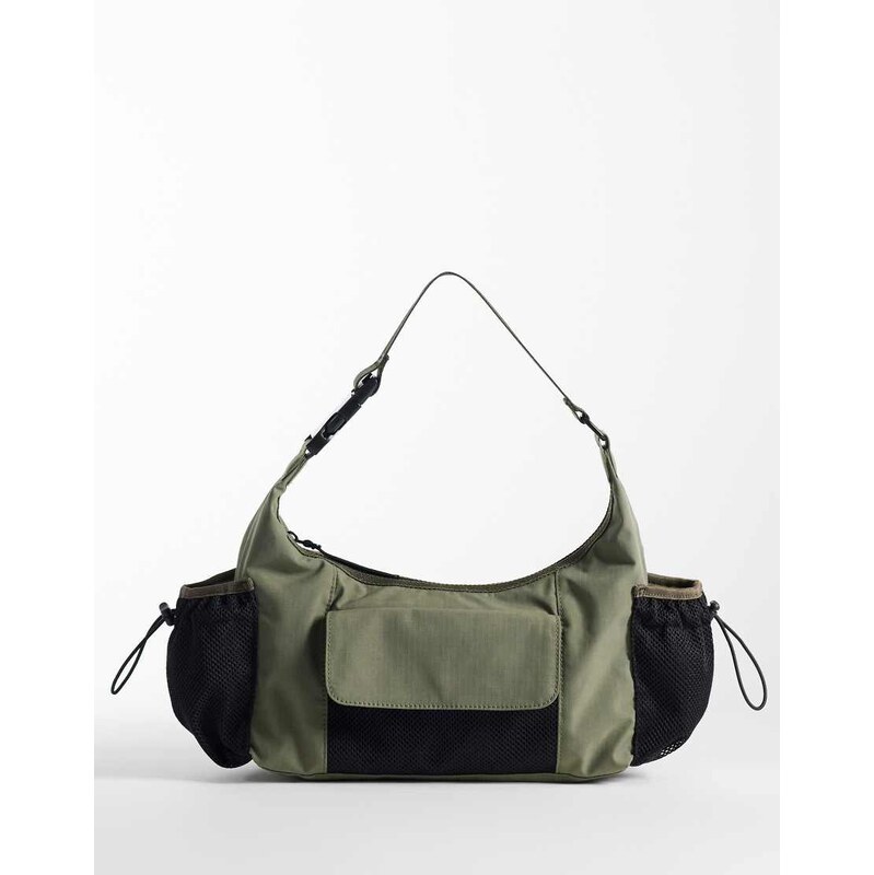 Weekday mesh drawstring detail handbag in khaki green