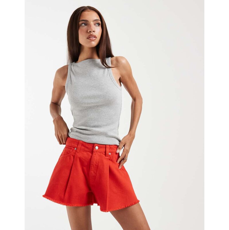 ASOS DESIGN denim frayed hem short in red