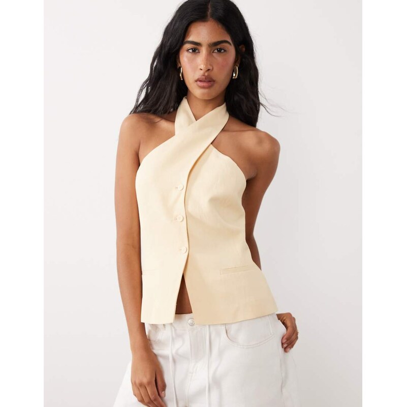 Mango linen mix twist neck halter waistcoat in pastel yellow 115500730