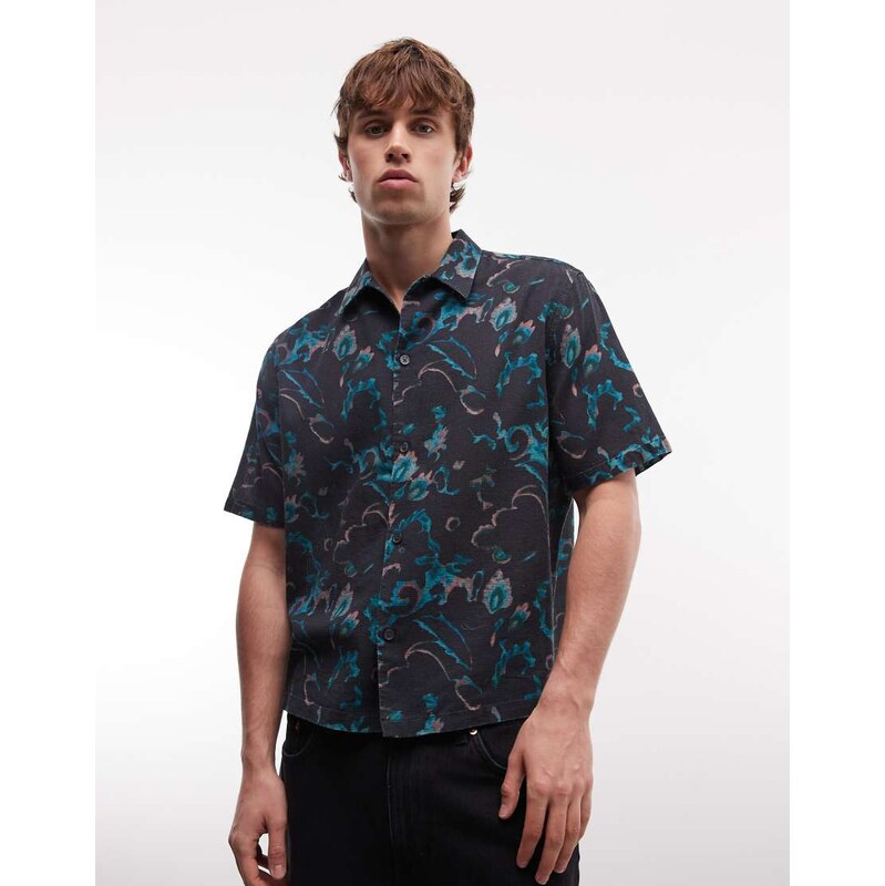 AllSaints Fortune short sleeve linen blend printed shirt in blue-Multi