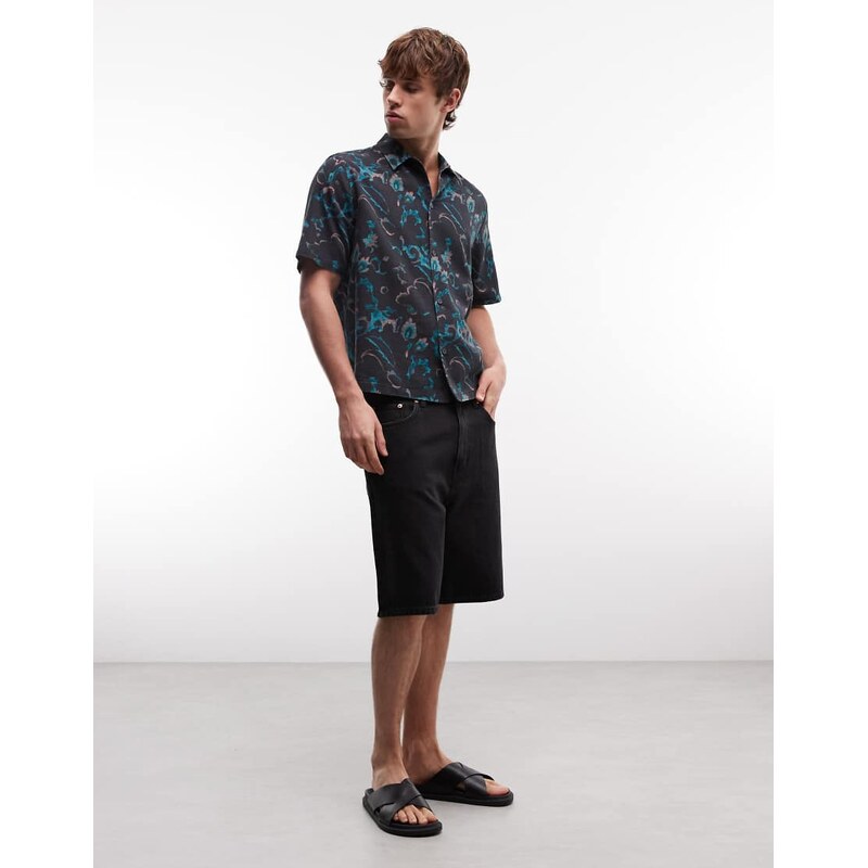 AllSaints Fortune short sleeve linen blend printed shirt in blue-Multi
