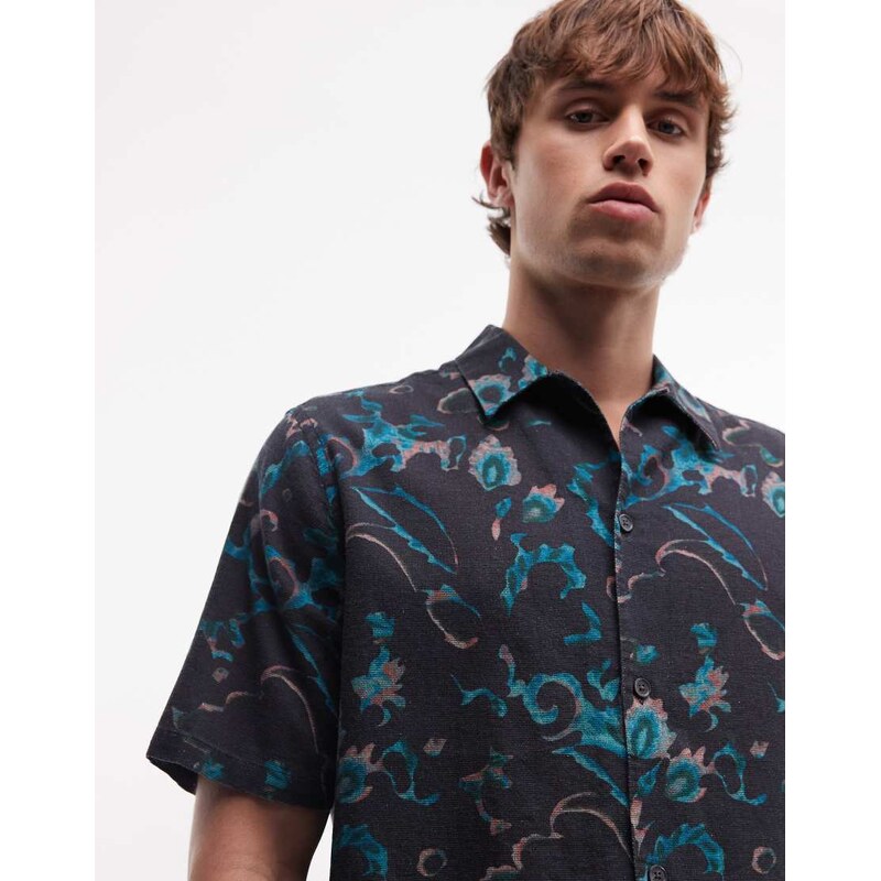 AllSaints Fortune short sleeve linen blend printed shirt in blue-Multi