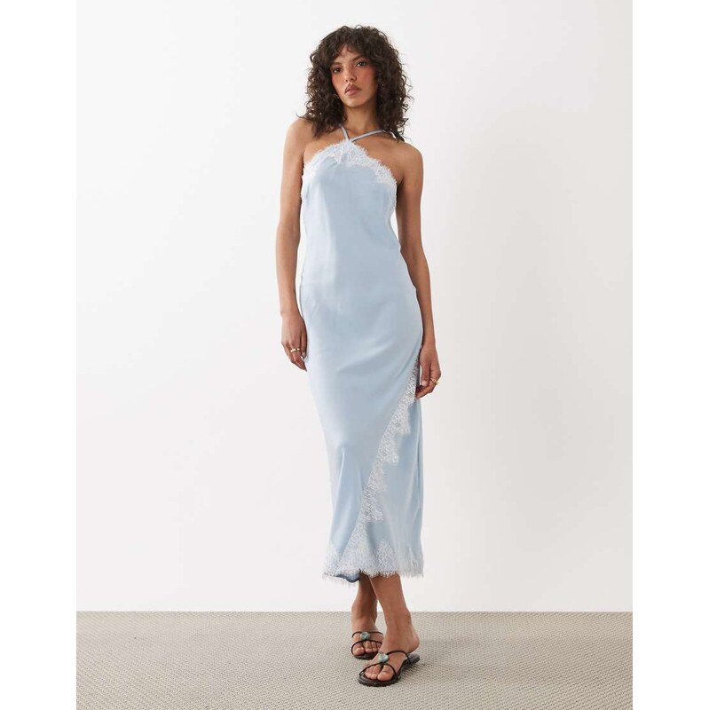 New Look asymmetric halterneck satin lace midi dress in blue