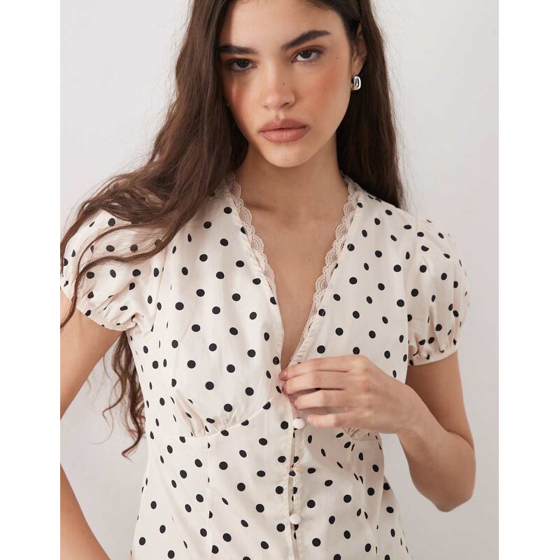 Miss Selfridge V-neck lace detail fitted shirt in polka dot
