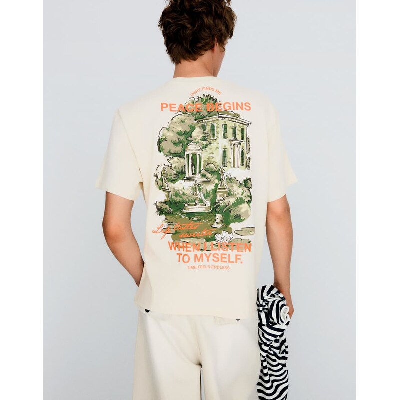 Bershka boxy oversized print t-shirt in camel-Neutral