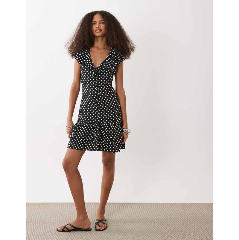 Brave Soul tea dress in black & white polka dot print with ruffle 115500955