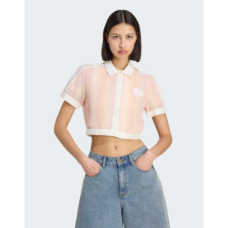 adidas Originals summer glow striped cropped polo in light pink