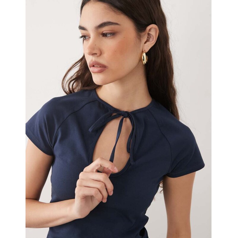 ASOS DESIGN cap sleeve with keyhole detail top in navy 115509420