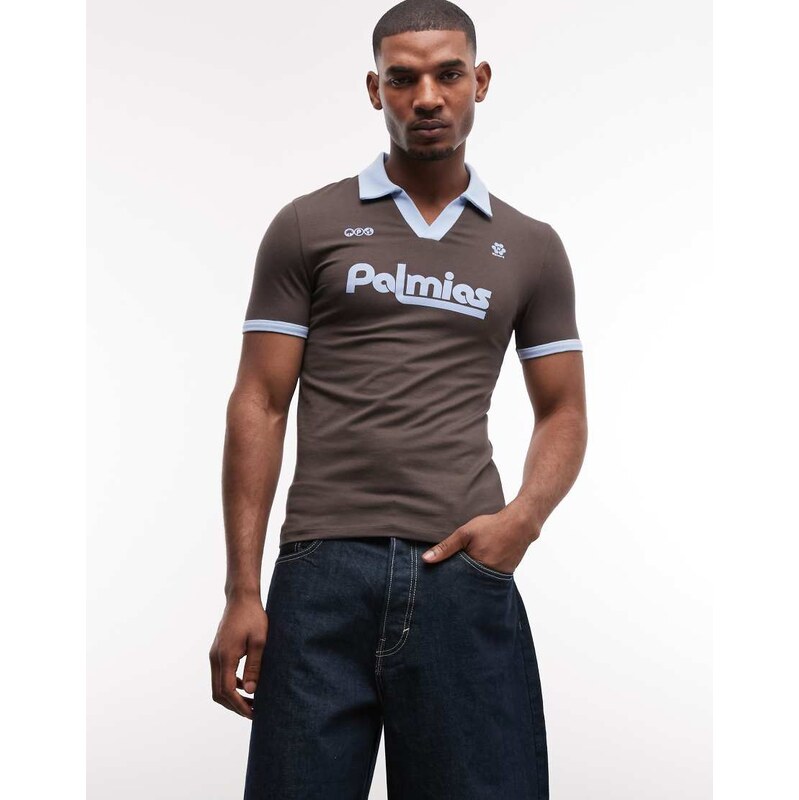 ASOS DESIGN muscle ringer polo with football graphics in brown