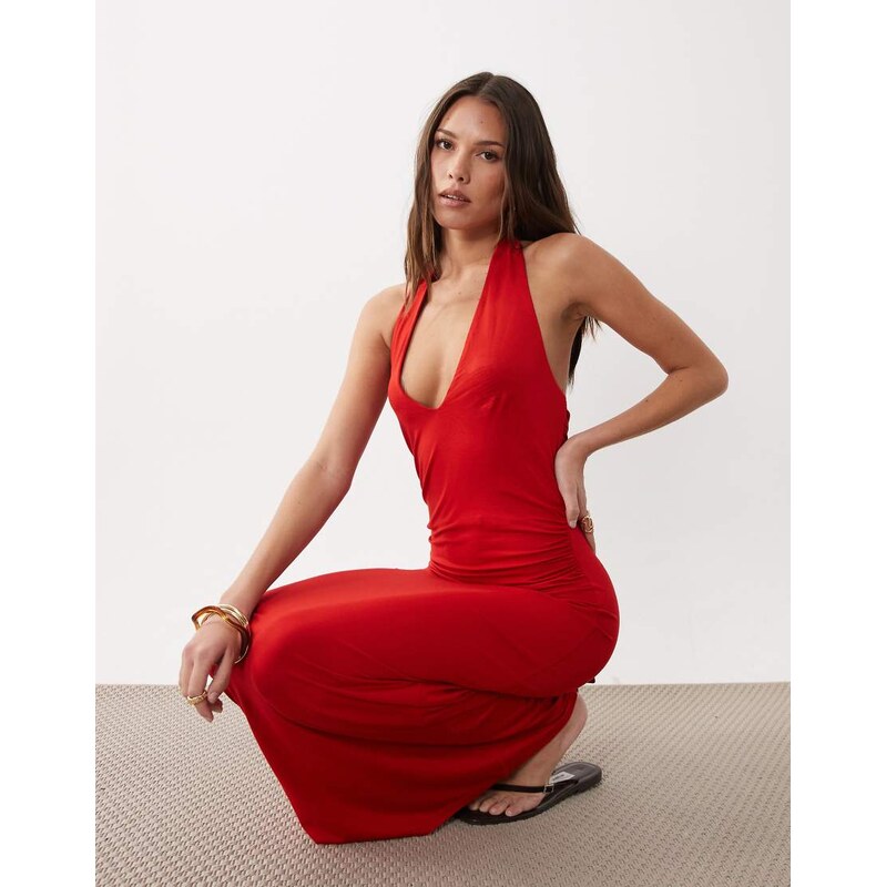 ASOS DESIGN tie back halter midi dress in red