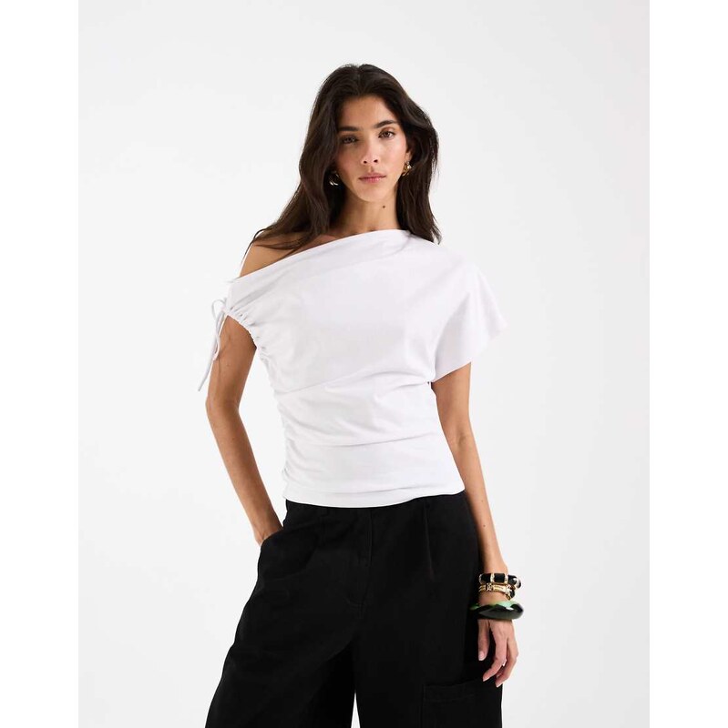 ASOS DESIGN ruched sleeve fallen shoulder waisted tee in white