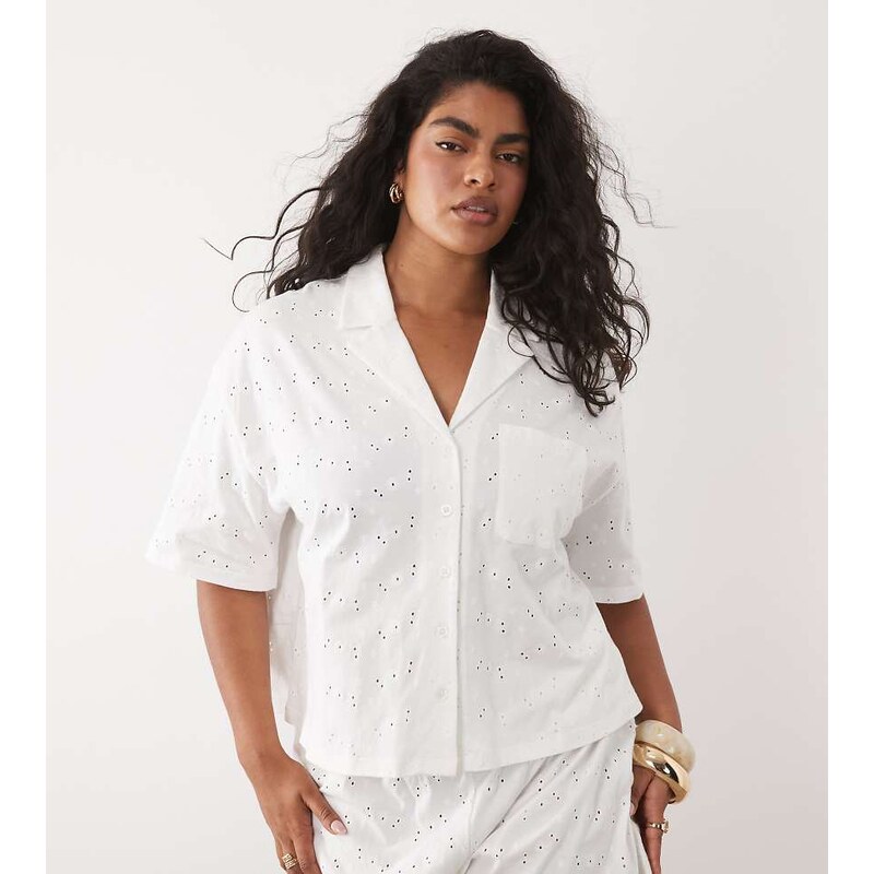 ASOS Curve ASOS DESIGN Curve jersey broderie resort shirt in white 115520981